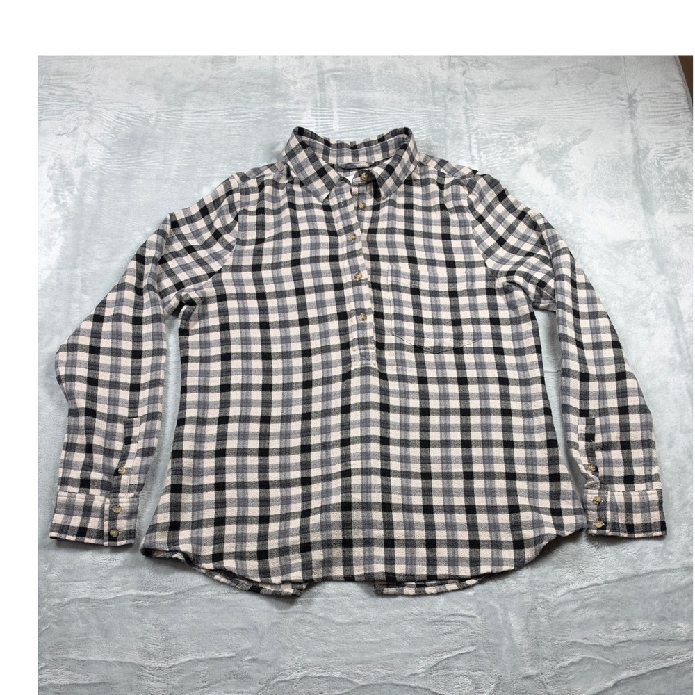 Pistola Women M Plaid Shirt Black Cream Gray Button Back Lightweight Flannel